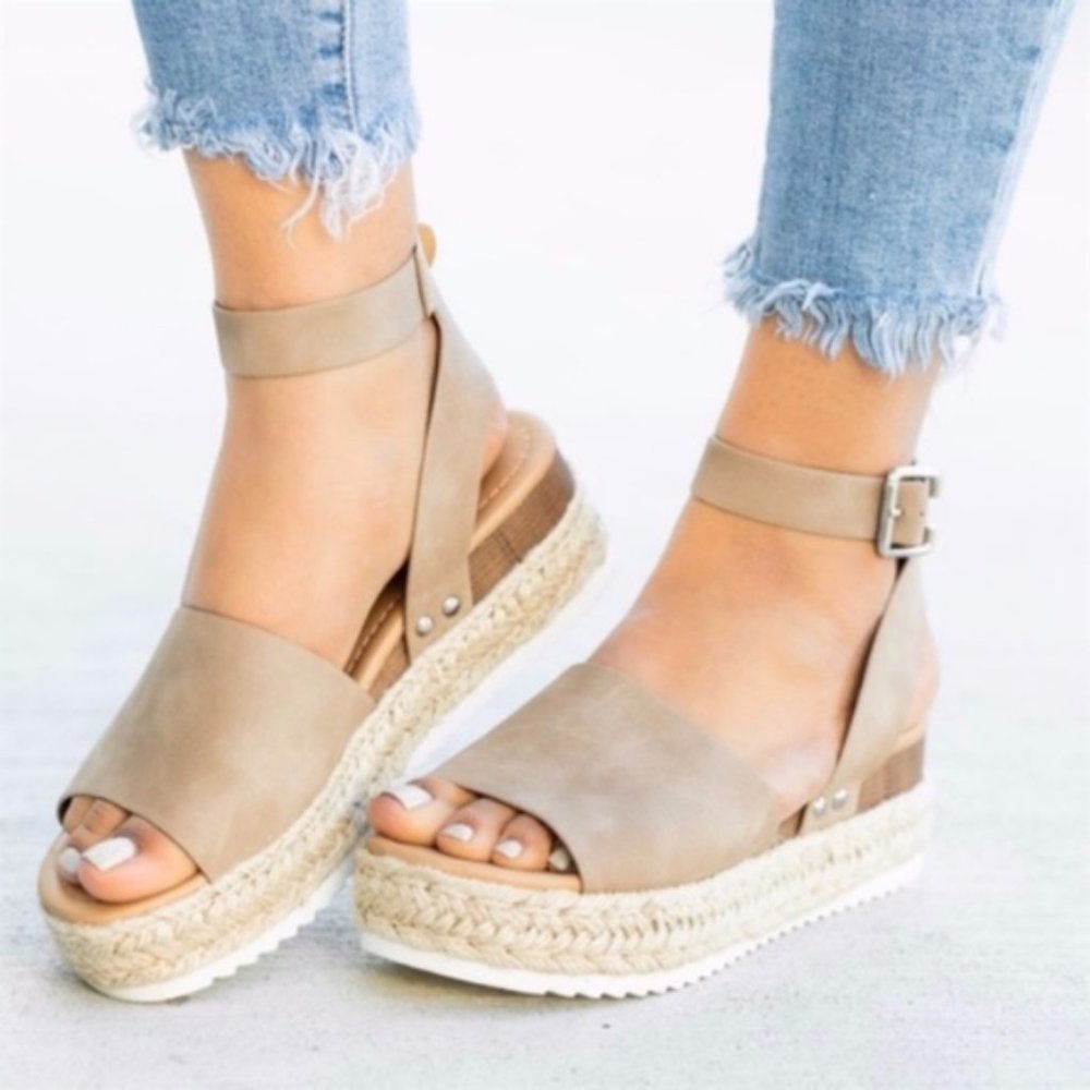 Summer Platform Espadrille Wedges Natural Buckle - Picture 1 of 2